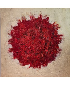 Peinture contemporaine, tableau moderne abstrait, acrylique sur toile 100x100cm, big bang rouge sur fond ivoire