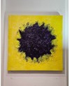 Peinture contemporaine, tableau moderne abstrait, acrylique sur toile 100x100cm, big bang violet sur fond jaune
