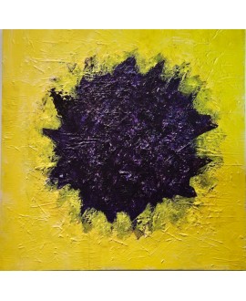 Peinture contemporaine, tableau moderne abstrait, acrylique sur toile 100x100cm, big bang violet sur fond jaune