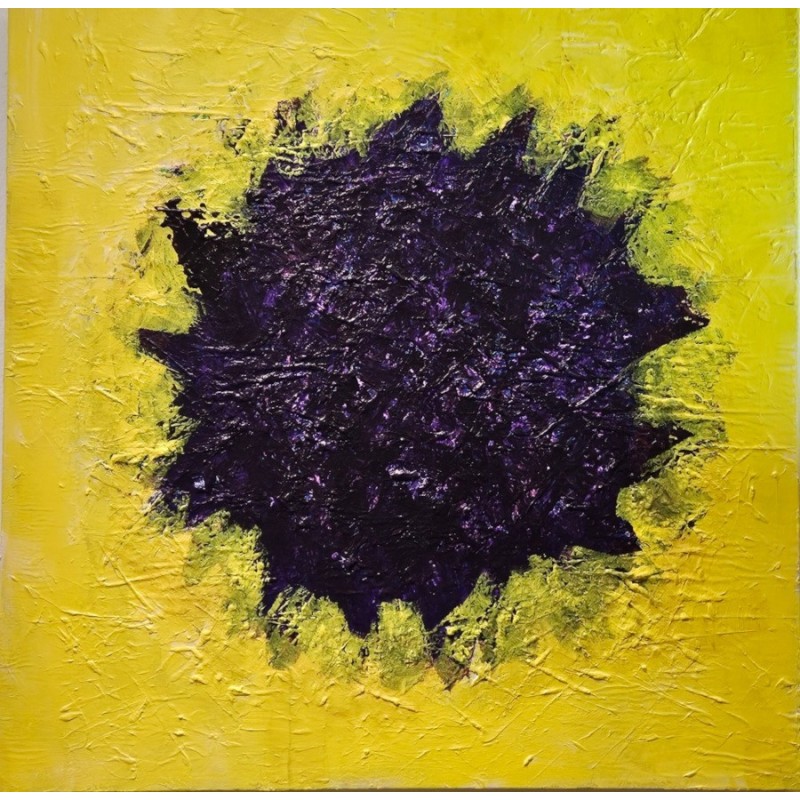 Peinture contemporaine, tableau moderne abstrait, acrylique sur toile 100x100cm, big bang violet sur fond jaune