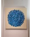 Peinture contemporaine, tableau moderne abstrait, acrylique sur toile 100x100cm, big bang bleu moyen sur fond ivoire
