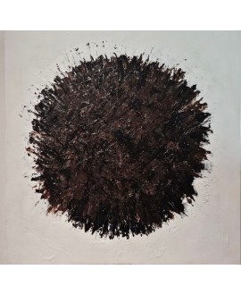 Tableau contemporain abstrait, acrylique sur toile 100x100cm, big bang marron et noir sur fond blanc