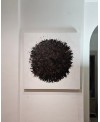 Tableau contemporain abstrait, acrylique sur toile 100x100cm, big bang marron et noir sur fond blanc