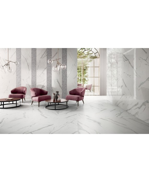 Carrelage imitation marbre blanc veiné de gris brillant, pièce à vivre, 60x120cm, statuario venato