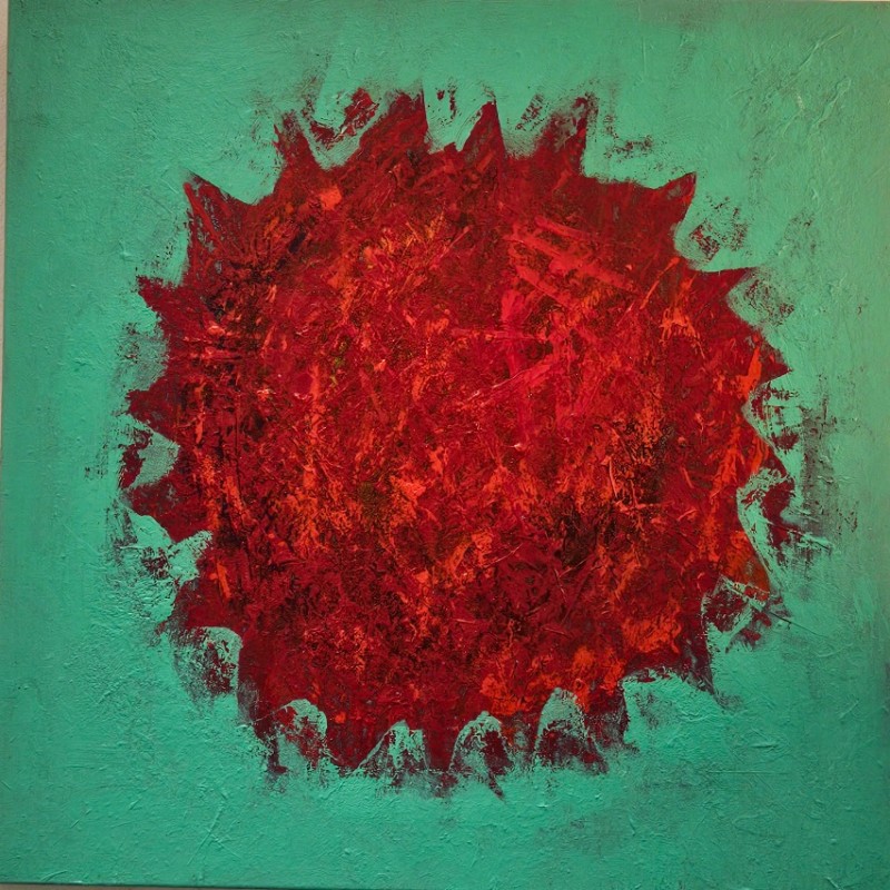 Peinture contemporaine, abstraite Big Bang rouge sur fond vert acrylique sur toile 80x80cm Peinture contemporaine, abstraite Big Bang rouge sur fond vert acrylique sur toile 80x80cm