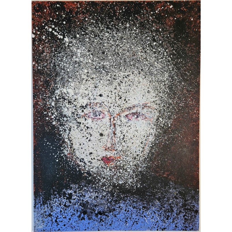 Peinture contemporaine, enfant au pull bleu timide: acrylique sur toile 100x73cm