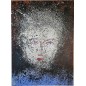 Peinture contemporaine, enfant au pull bleu timide: acrylique sur toile 100x73cm