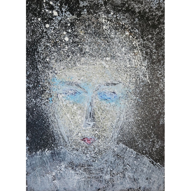 Tableau moderne, portrait, peinture contemporaine figurative, acrylique sur toile 100x73cm représentant une tête au yeux bleus