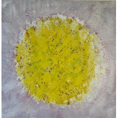 Peinture contemporaine, abstraite, big bang jaune sur fond rouge très clair 80x80cm