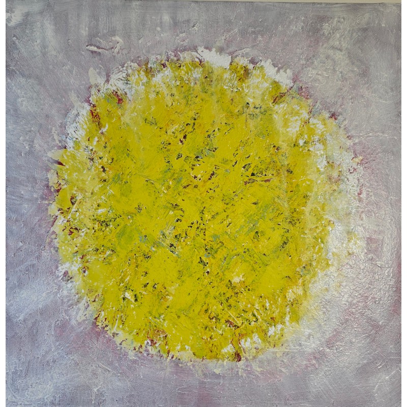 Peinture contemporaine, abstraite, big bang jaune sur fond rouge très clair 80x80cm Peinture contemporaine, abstraite, big bang jaune sur fond rouge très clair 80x80cm