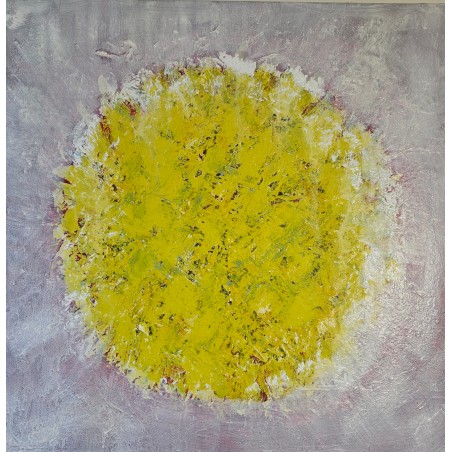 Peinture contemporaine, abstraite, big bang jaune sur fond rouge très clair 80x80cm