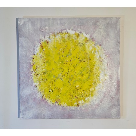 Peinture contemporaine, abstraite, big bang jaune sur fond rouge très clair 80x80cm