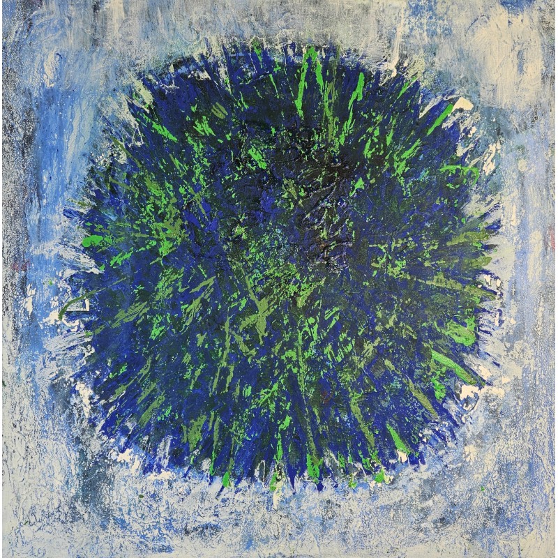 Tableau contemporain big bang vert et bleu sur fond bleu acrylique sur toile 100x100cm Tableau contemporain big bang vert et bleu sur fond bleu acrylique sur toile 100x100cm