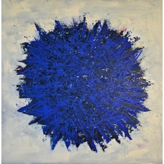 Peinture contemporaine, tableau moderne abstrait, Big Bang bleu foncé sur fond ivoire acrylique sur toile 100x100cm