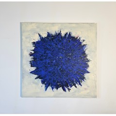 Peinture contemporaine, tableau moderne abstrait, Big Bang bleu foncé sur fond ivoire acrylique sur toile 100x100cm
