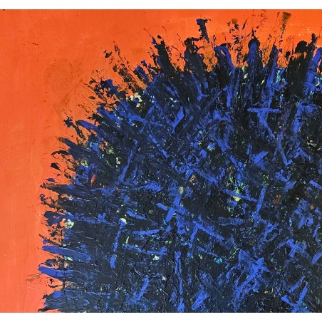 Peinture contemporaine, tableau moderne abstrait, Big Bang bleu foncé sur fond orange acrylique sur toile 100x100cm