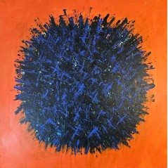 Peinture contemporaine, tableau moderne abstrait, Big Bang bleu foncé sur fond orange acrylique sur toile 100x100cm