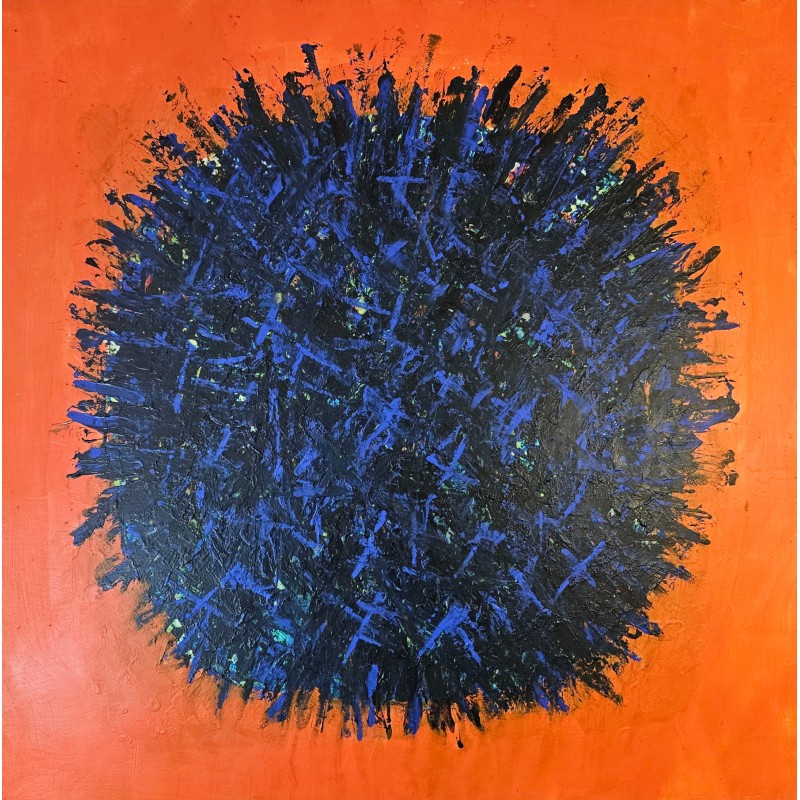 Peinture contemporaine, tableau moderne abstrait, Big Bang bleu foncé sur fond orange acrylique sur toile 100x100cm Peinture contemporaine, tableau moderne abstrait, Big Bang bleu foncé sur fond orange acrylique sur toile 100x100cm