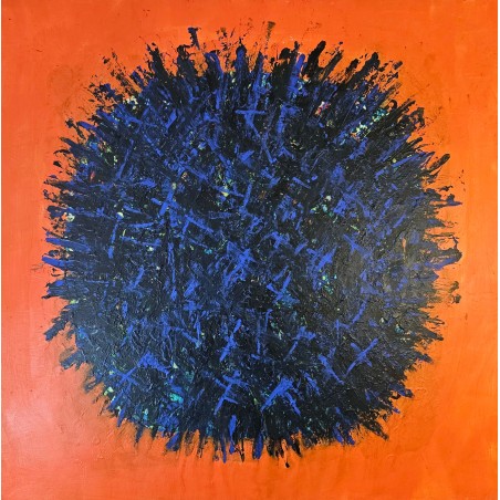 Peinture contemporaine, tableau moderne abstrait, Big Bang bleu foncé sur fond orange acrylique sur toile 100x100cm