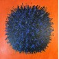 Peinture contemporaine, tableau moderne abstrait, Big Bang bleu foncé sur fond orange acrylique sur toile 100x100cm Peinture contemporaine, tableau moderne abstrait, Big Bang bleu foncé sur fond orange acrylique sur toile 100x100cm