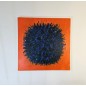 Peinture contemporaine, tableau moderne abstrait, Big Bang bleu foncé sur fond orange acrylique sur toile 100x100cm Peinture contemporaine, tableau moderne abstrait, Big Bang bleu foncé sur fond orange acrylique sur toile 100x100cm