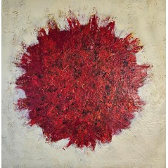 Peinture contemporaine, tableau moderne abstrait, acrylique sur toile 100x100cm, big bang rouge sur fond ivoire