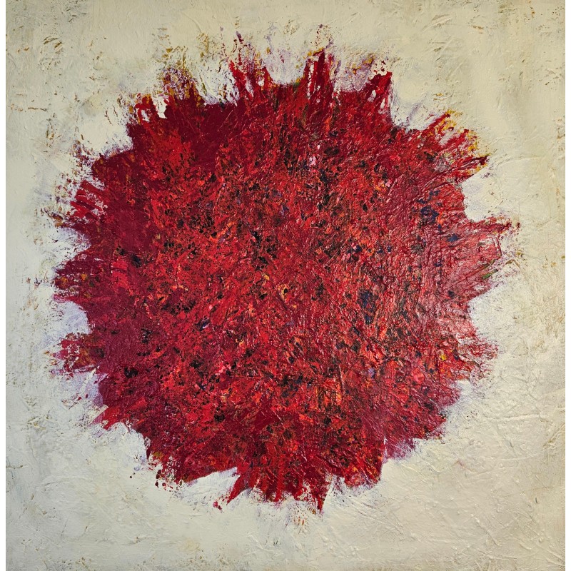 Peinture contemporaine, tableau moderne abstrait, acrylique sur toile 100x100cm, big bang rouge sur fond ivoire Peinture contemporaine, tableau moderne abstrait, acrylique sur toile 100x100cm, big bang rouge sur fond ivoire