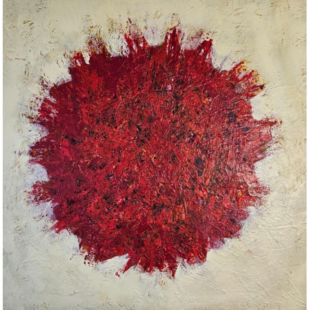 Peinture contemporaine, tableau moderne abstrait, acrylique sur toile 100x100cm, big bang rouge sur fond ivoire