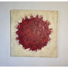 Peinture contemporaine, tableau moderne abstrait, acrylique sur toile 100x100cm, big bang rouge sur fond ivoire