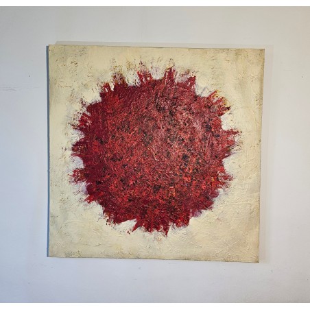 Peinture contemporaine, tableau moderne abstrait, acrylique sur toile 100x100cm, big bang rouge sur fond ivoire