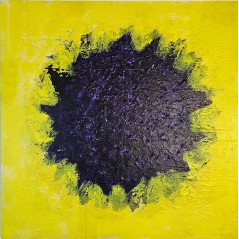 Tableau contemporain, peinture abstraite Big Bang violet sur fond jaune: acrylique sur toile 100x100cm