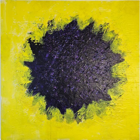 Tableau contemporain, peinture abstraite Big Bang violet sur fond jaune: acrylique sur toile 100x100cm