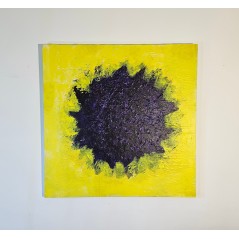 Tableau contemporain, peinture abstraite Big Bang violet sur fond jaune: acrylique sur toile 100x100cm