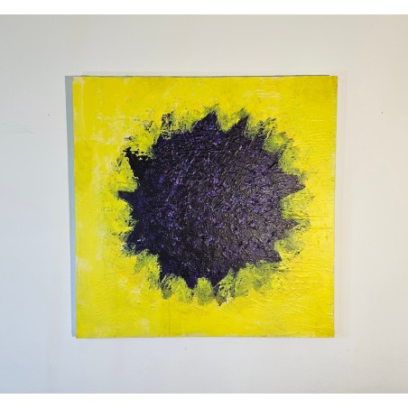Tableau contemporain, peinture abstraite Big Bang violet sur fond jaune: acrylique sur toile 100x100cm