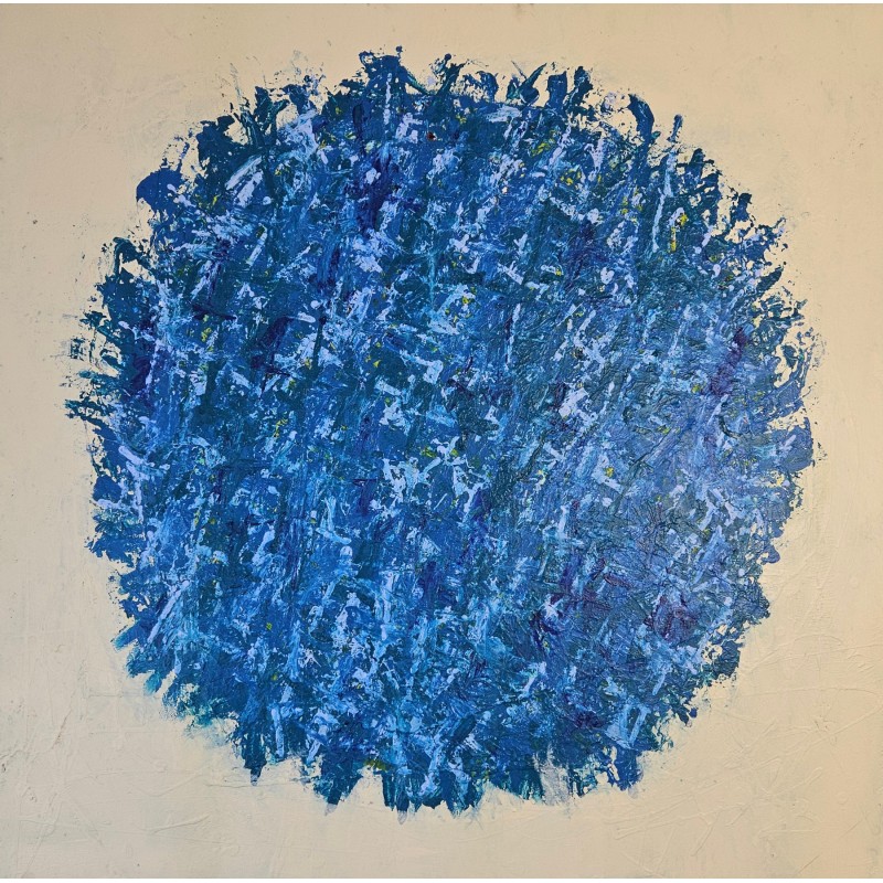 Peinture contemporaine, tableau abstrait Big Bang bleu sur fond beige: acrylique sur toile 100x100cm Peinture contemporaine, tableau abstrait Big Bang bleu sur fond beige: acrylique sur toile 100x100cm