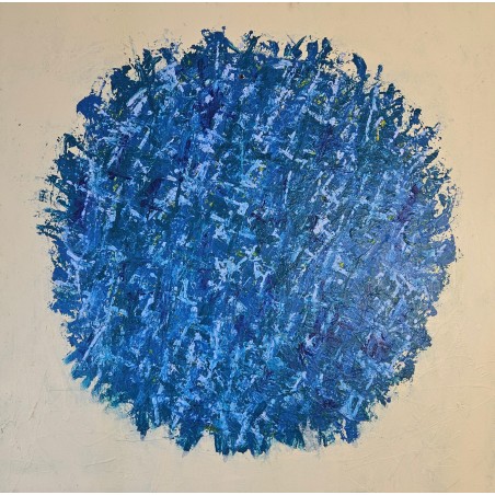 Peinture contemporaine, tableau abstrait Big Bang bleu sur fond beige: acrylique sur toile 100x100cm