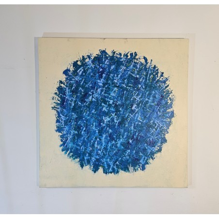 Peinture contemporaine, tableau abstrait Big Bang bleu sur fond beige: acrylique sur toile 100x100cm