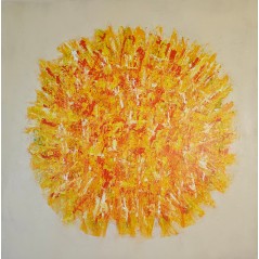 Tableau contemporain, peinture abstraite Big Bang orange sur fond ivoire: acrylique sur toile 100x100cm