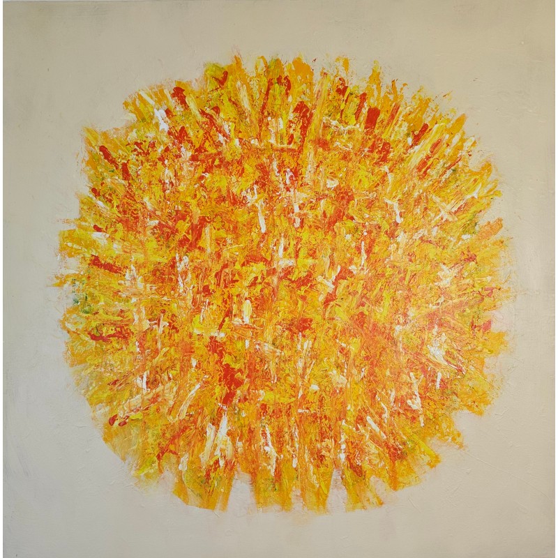 Tableau contemporain, peinture abstraite Big Bang orange sur fond ivoire: acrylique sur toile 100x100cm Tableau contemporain, peinture abstraite Big Bang orange sur fond ivoire: acrylique sur toile 100x100cm