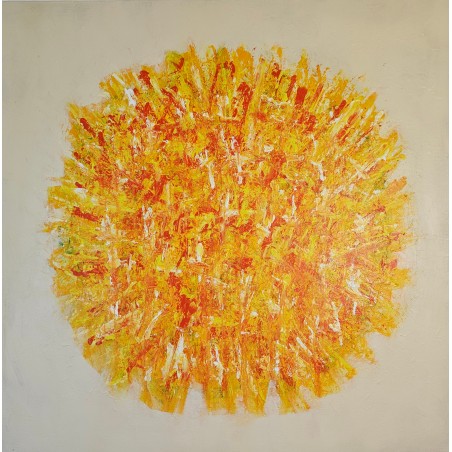 Tableau contemporain, peinture abstraite Big Bang orange sur fond ivoire: acrylique sur toile 100x100cm