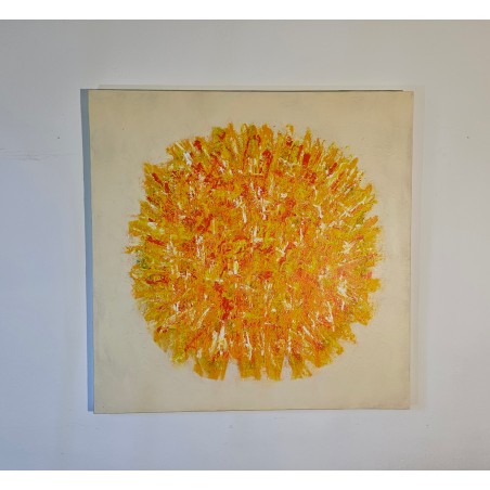 Tableau contemporain, peinture abstraite Big Bang orange sur fond ivoire: acrylique sur toile 100x100cm