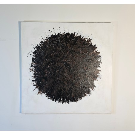 Peinture contemporaine, tableau abstrait Big Bang noir sur fond blanc acrylique sur toile 100x100cm