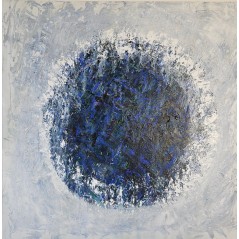 Peinture contemporaine, abstraite Big Bang bleu foncé sur fond bleu clair: acrylique sur toile 100x100cm