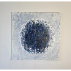 Peinture contemporaine, abstraite Big Bang bleu foncé sur fond bleu clair: acrylique sur toile 100x100cm