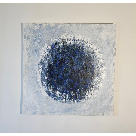 Peinture contemporaine, abstraite Big Bang bleu foncé sur fond bleu clair: acrylique sur toile 100x100cm