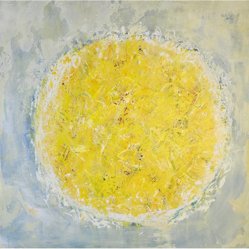 Peinture abstraite contemporaine Big bang jaune vif sur fond bleu clair: acrylique sur toile 100x100cm Peinture abstraite contemporaine Big bang jaune vif sur fond bleu clair: acrylique sur toile 100x100cm