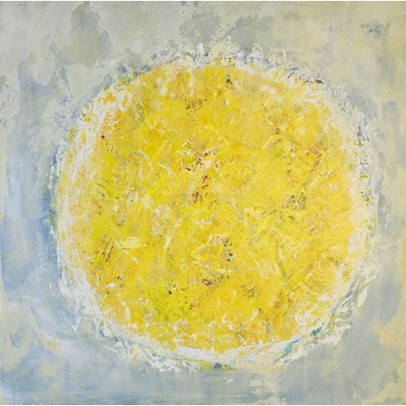 Peinture abstraite contemporaine Big bang jaune vif sur fond bleu clair: acrylique sur toile 100x100cm