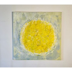 Peinture abstraite contemporaine Big bang jaune vif sur fond bleu clair: acrylique sur toile 100x100cm