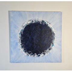 Peinture abstraite contemporaine Big Bang bleu foncé sur fond clair: acrylique sur toile 100x100cm