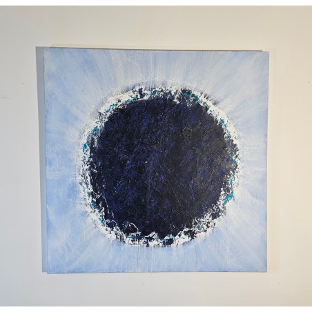 Peinture abstraite contemporaine Big Bang bleu foncé sur fond clair: acrylique sur toile 100x100cm